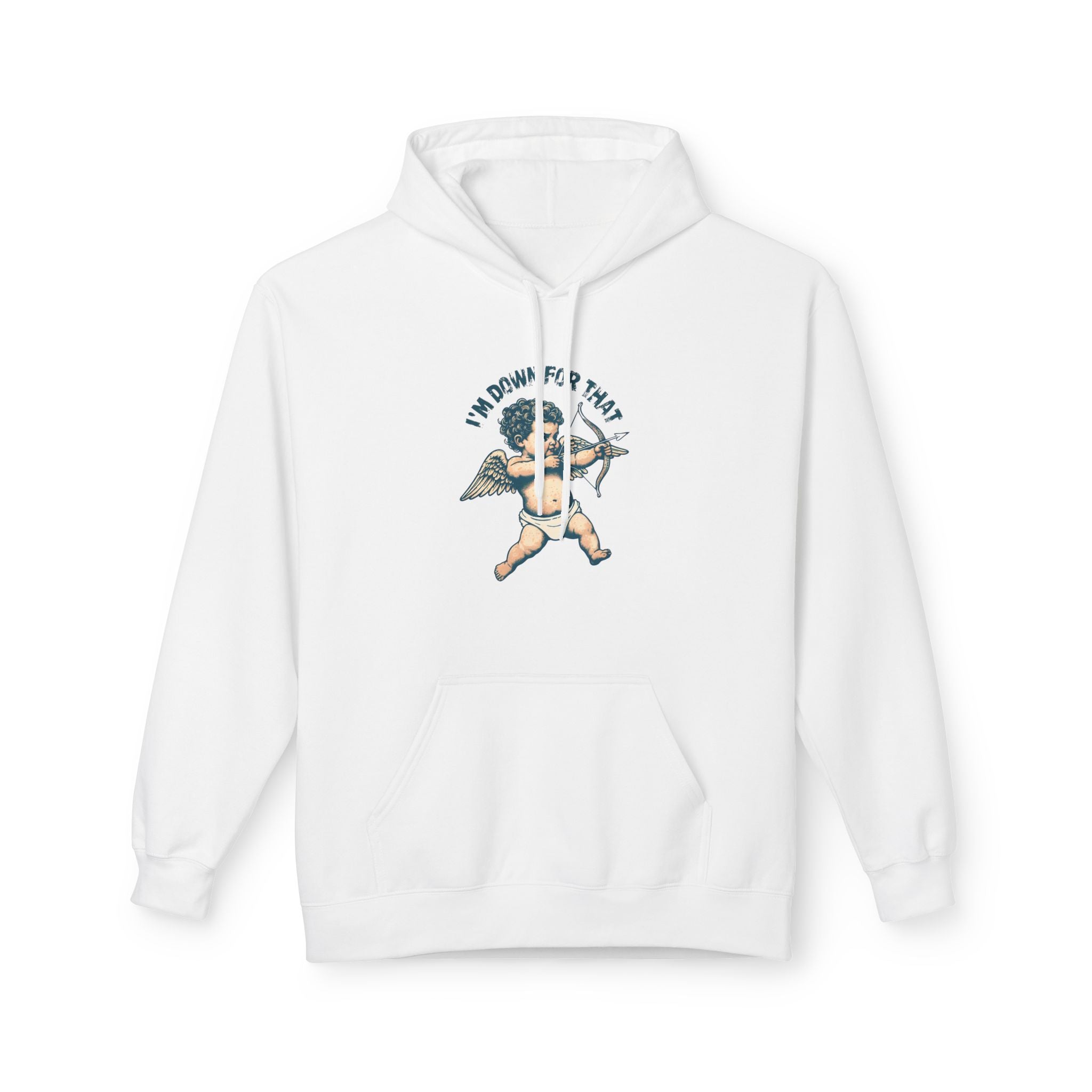 Unisex white hoodie with drawstring hood and cupid graphic on the chest.