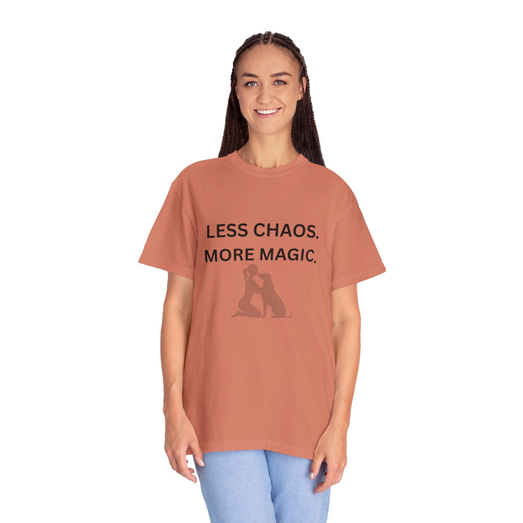 Less Chaos, More Magic T-Shirt — Woman + Dog Silhouette Graphic Tee