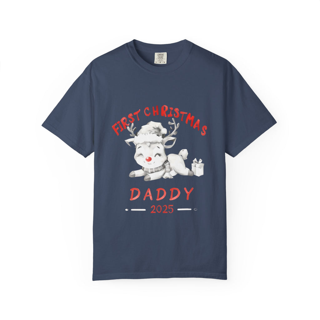 Midnight blue T-shirt with reindeer graphic and text “First Christmas Daddy 2025”