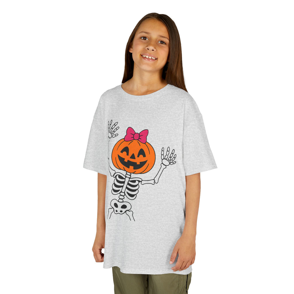 Kids ash gray Halloween skeleton tee with jack-o'-lantern graphic, short sleeves