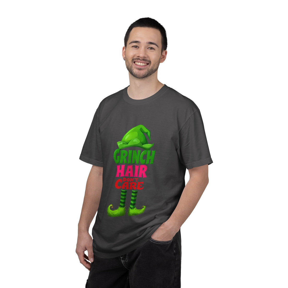 Charcoal graphic T-shirt with Grinch Hair Care front print, worn by man