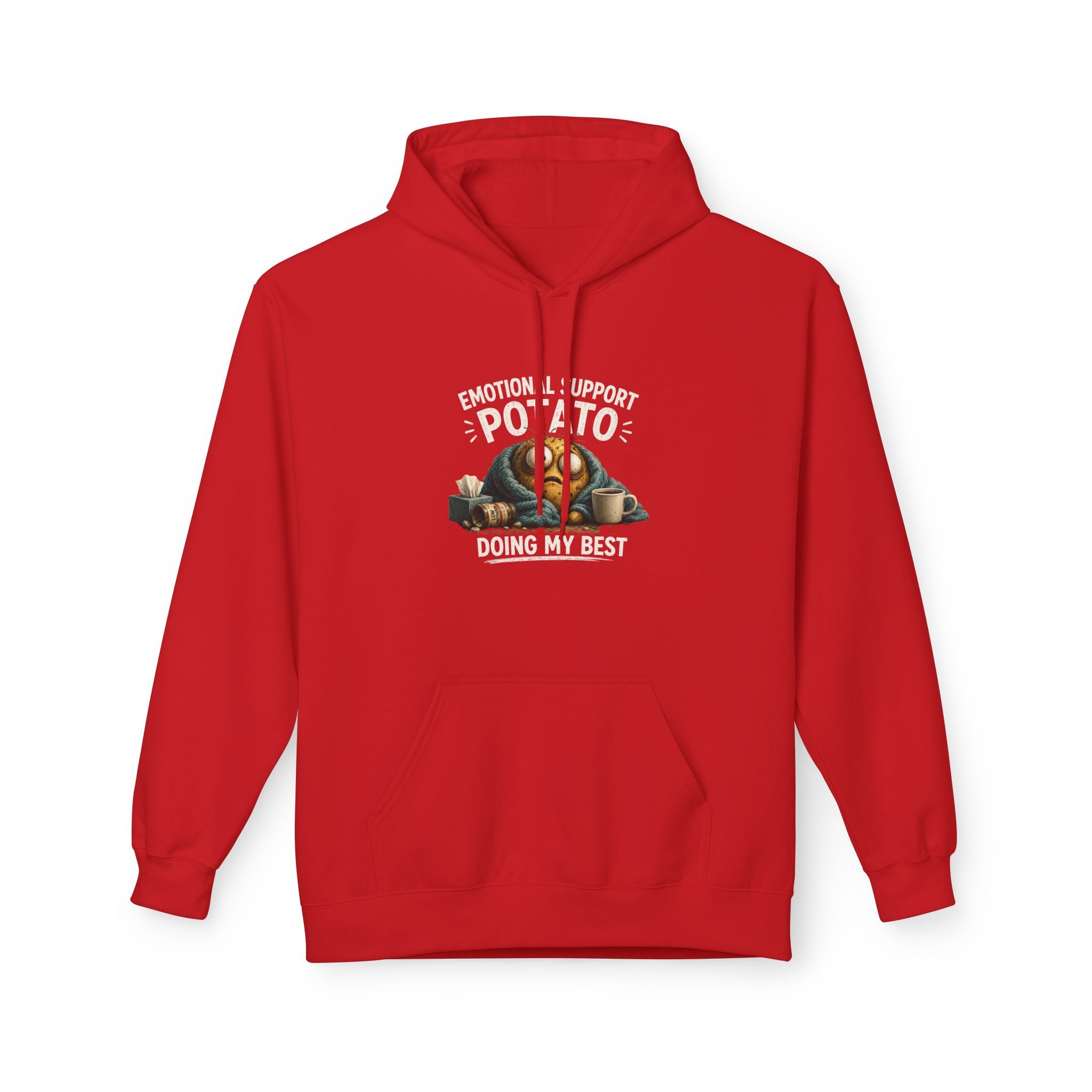 Red pullover hoodie with front potato graphic and "Doing my best" text