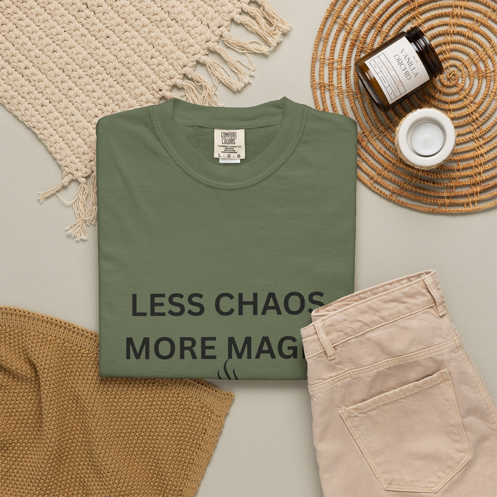 Less Chaos, More Magic T-Shirt — Cozy Coffee Cup Graphic Tee