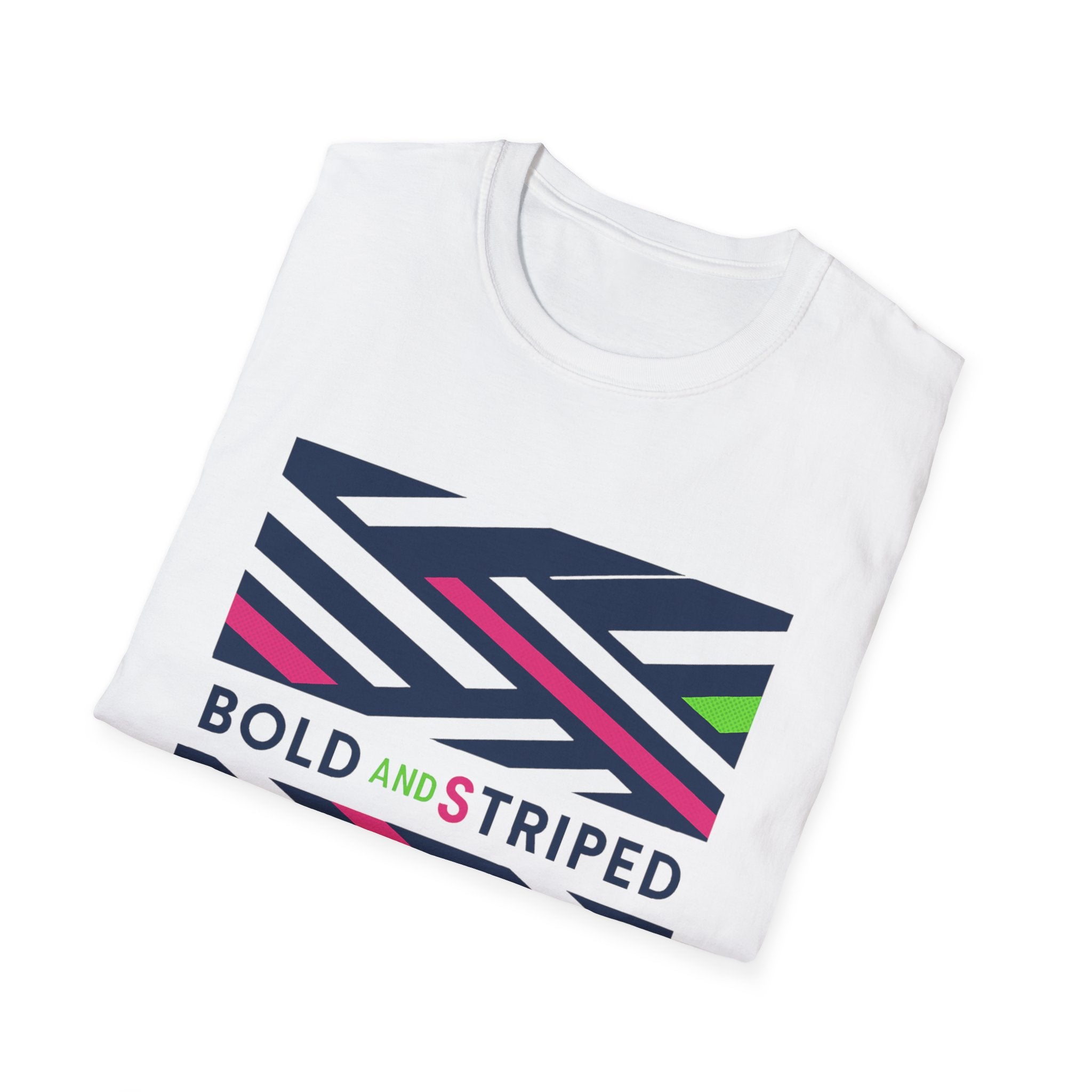 White crewneck T-shirt with large bold striped graphic and “BOLD AND STRIPED”