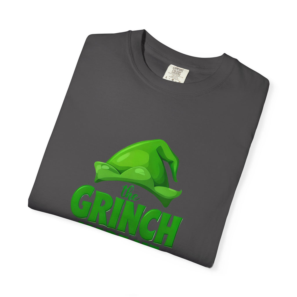 Unisex graphite t-shirt with large Grinch graphic on chest