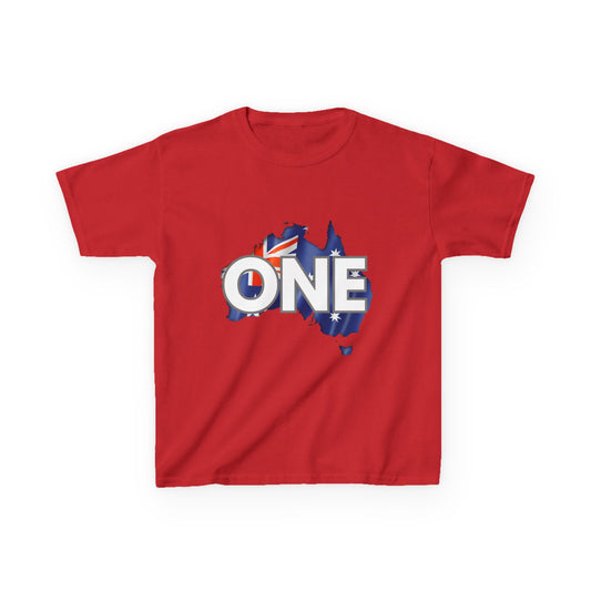 Kids Tee — "ONE" Australia Map Flag Unity Design (Patriotic Australia Day Shirt)