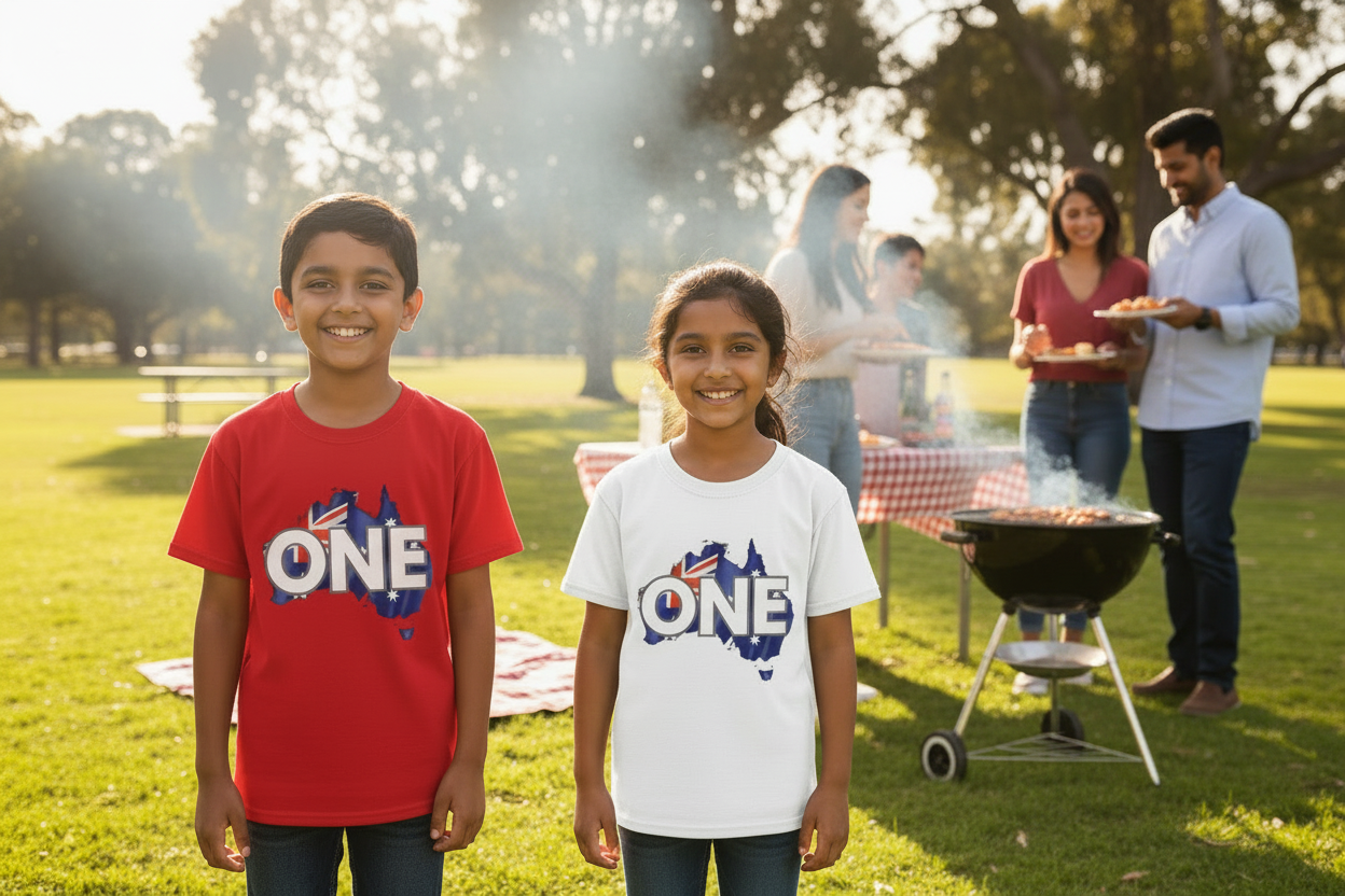 Kids Tee — "ONE" Australia Map Flag Unity Design (Patriotic Australia Day Shirt)