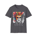 Dark heather face T-shirt with watercolor masquerade mask graphic and “Two Sides…One Story”