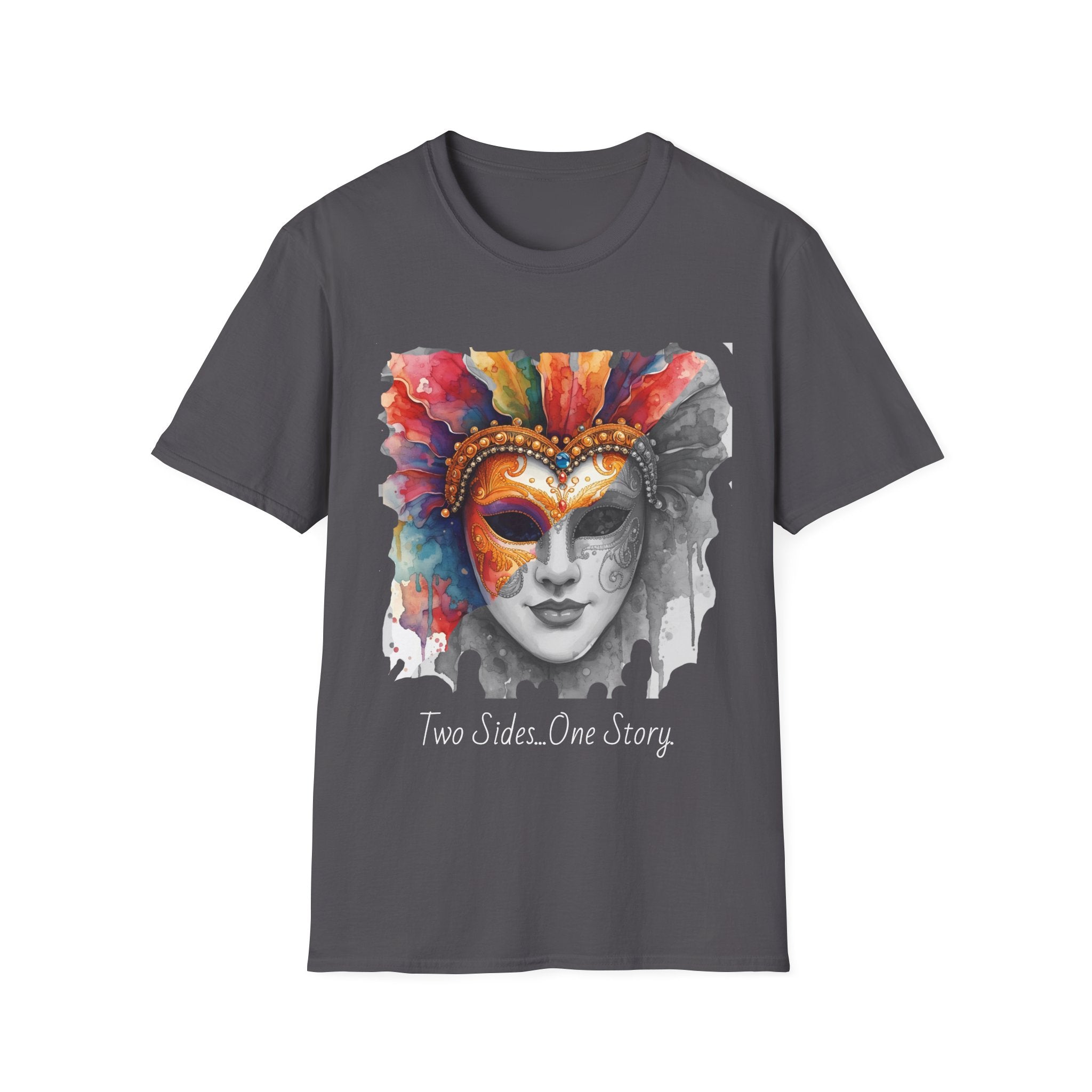 Dark heather face T-shirt with watercolor masquerade mask graphic and “Two Sides…One Story”