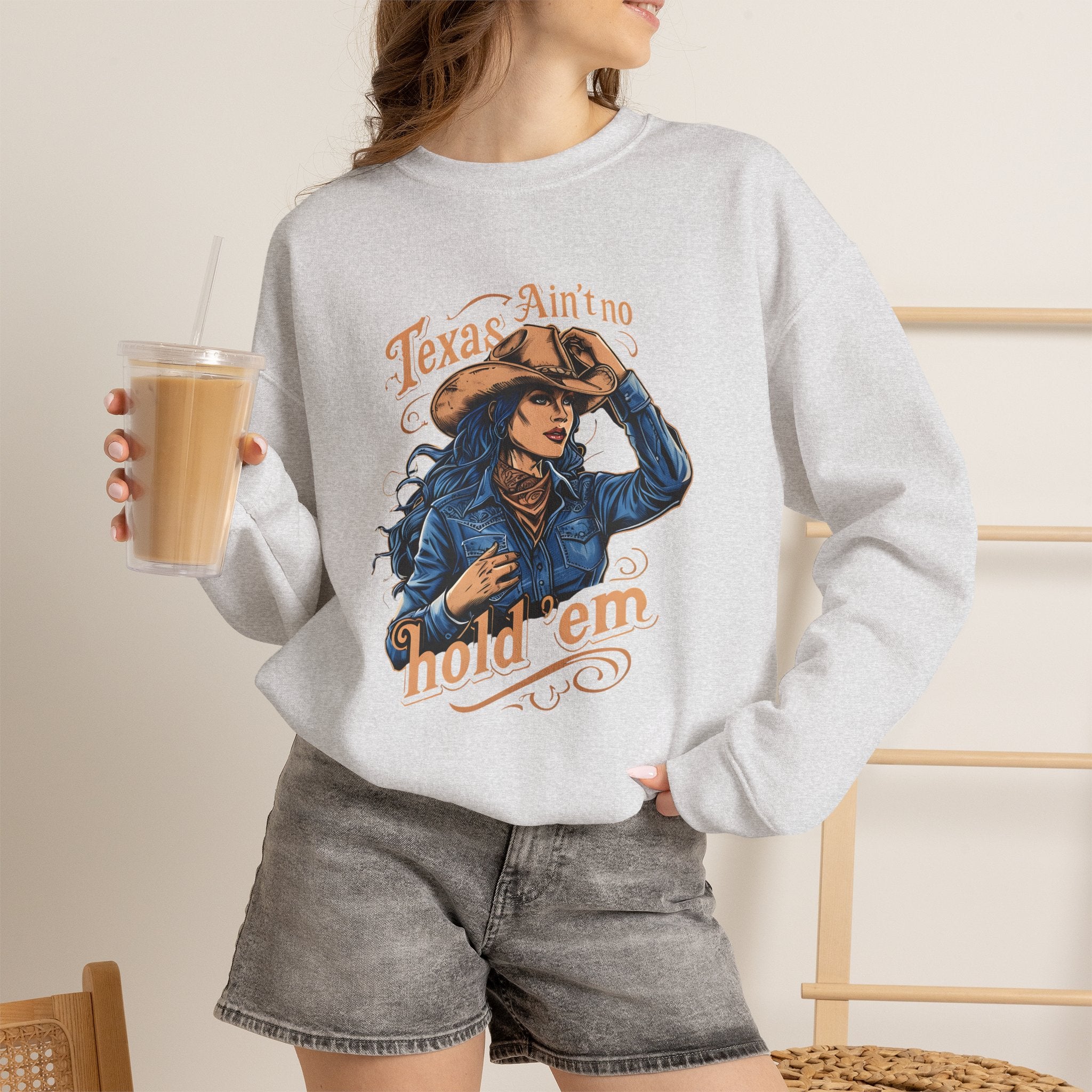 Light gray cowgirl graphic crewneck sweatshirt with long sleeves