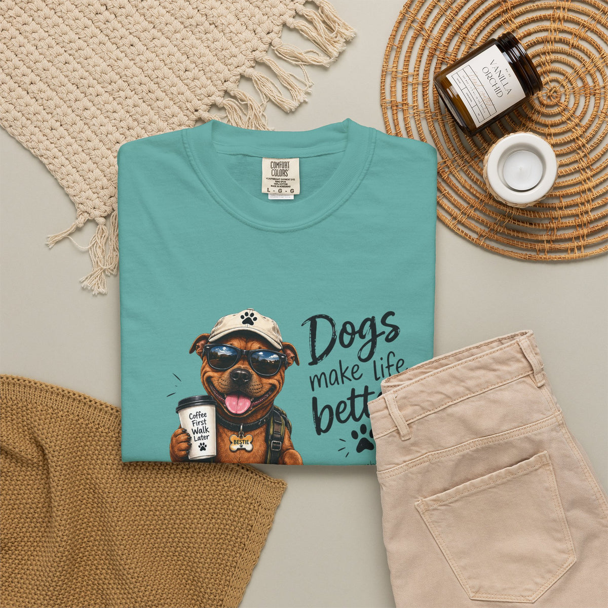 Dog Lovers Staffy T‑Shirt — "Dogs Make Life Better" Graphic Tee
