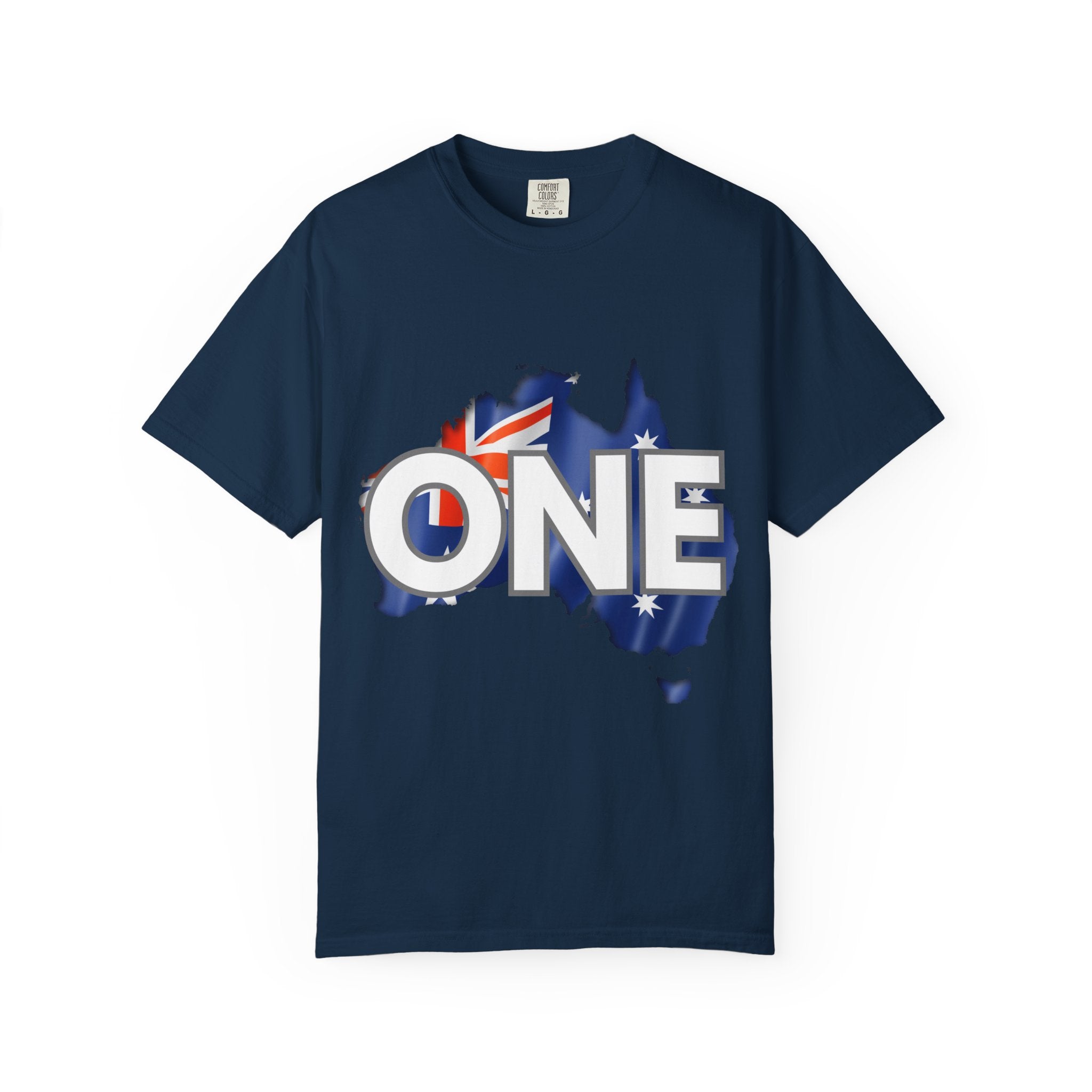 True navy t-shirt with centered ONE logo over Australia flag map graphic