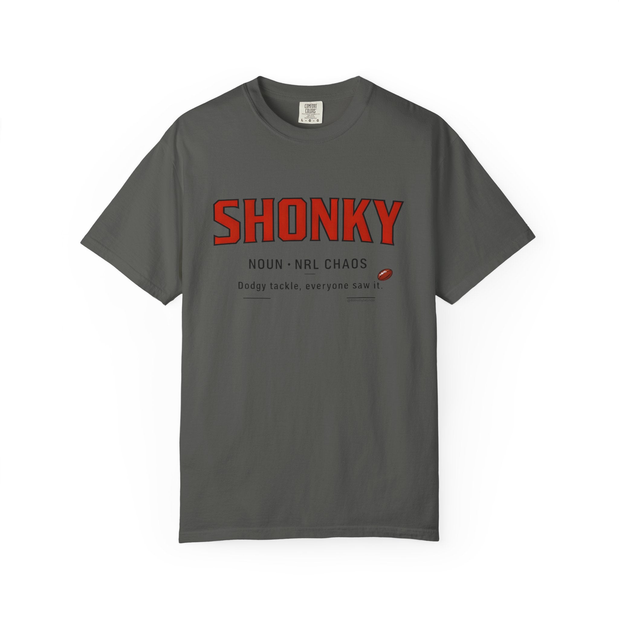 Dark gray graphic T-shirt with red SHONKY logo and small slogan text