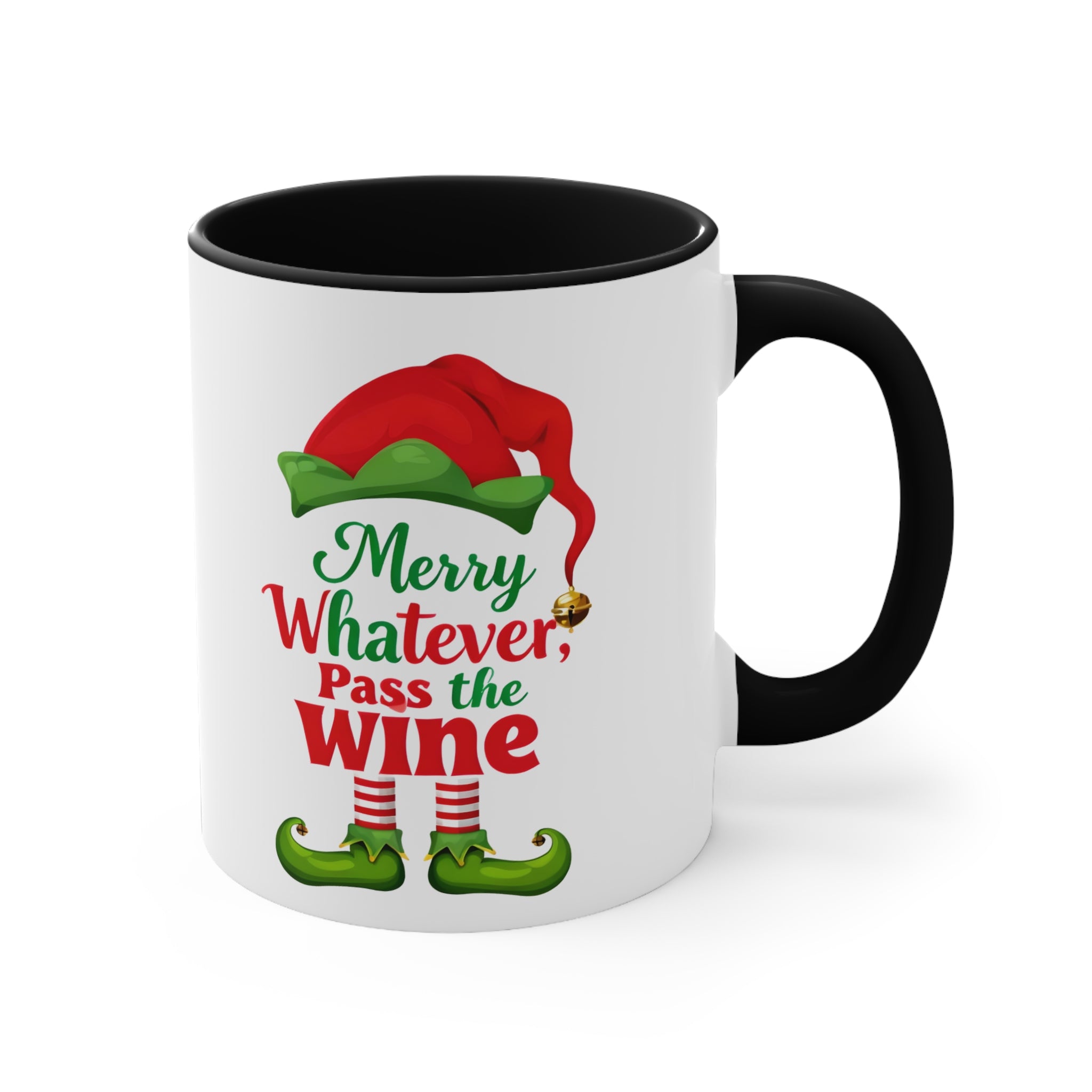 Black-handled coffee mug with elf hat graphic and 'Merry Whatever; Pass the Wine' text