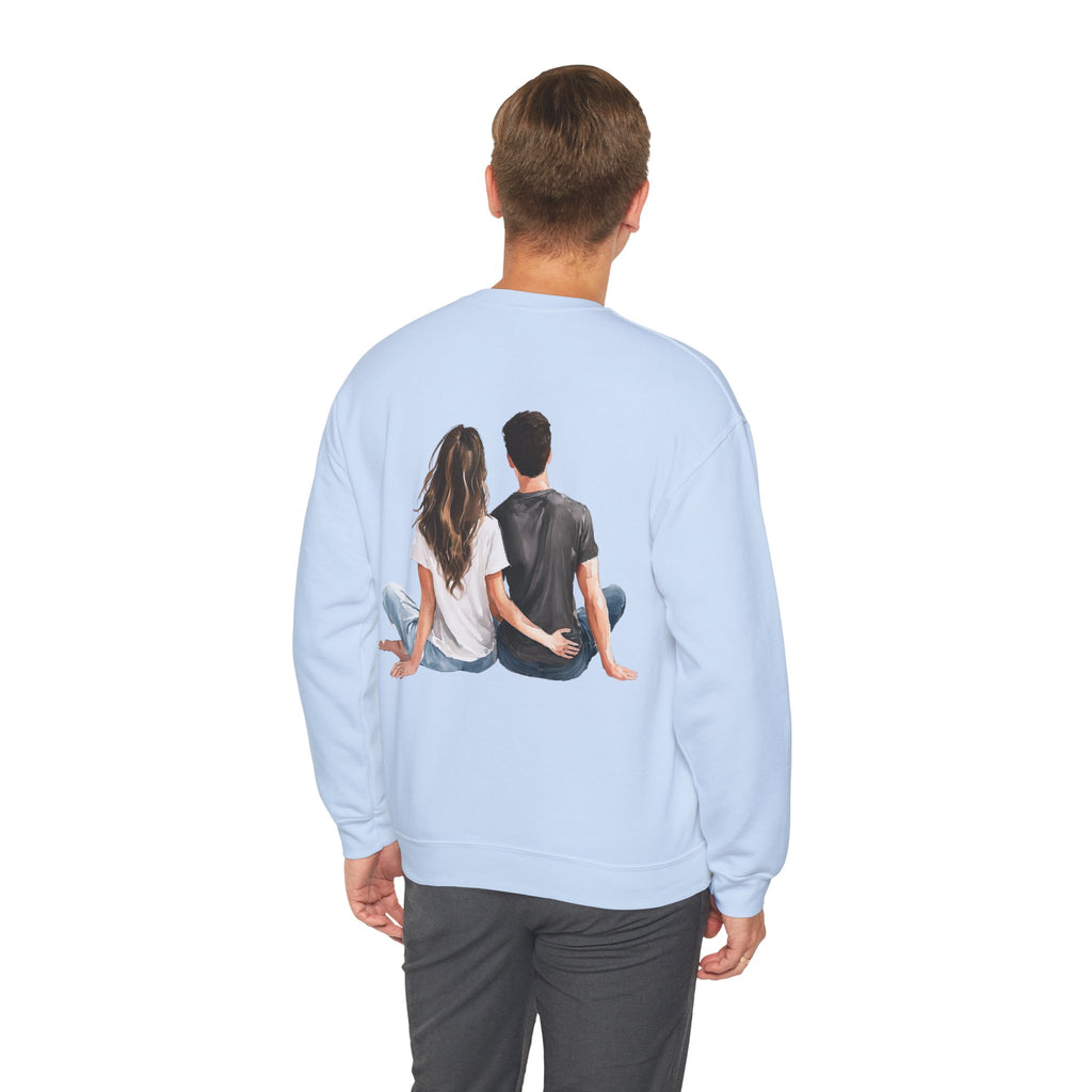Light blue crewneck sweatshirt, back graphic of couple sitting together