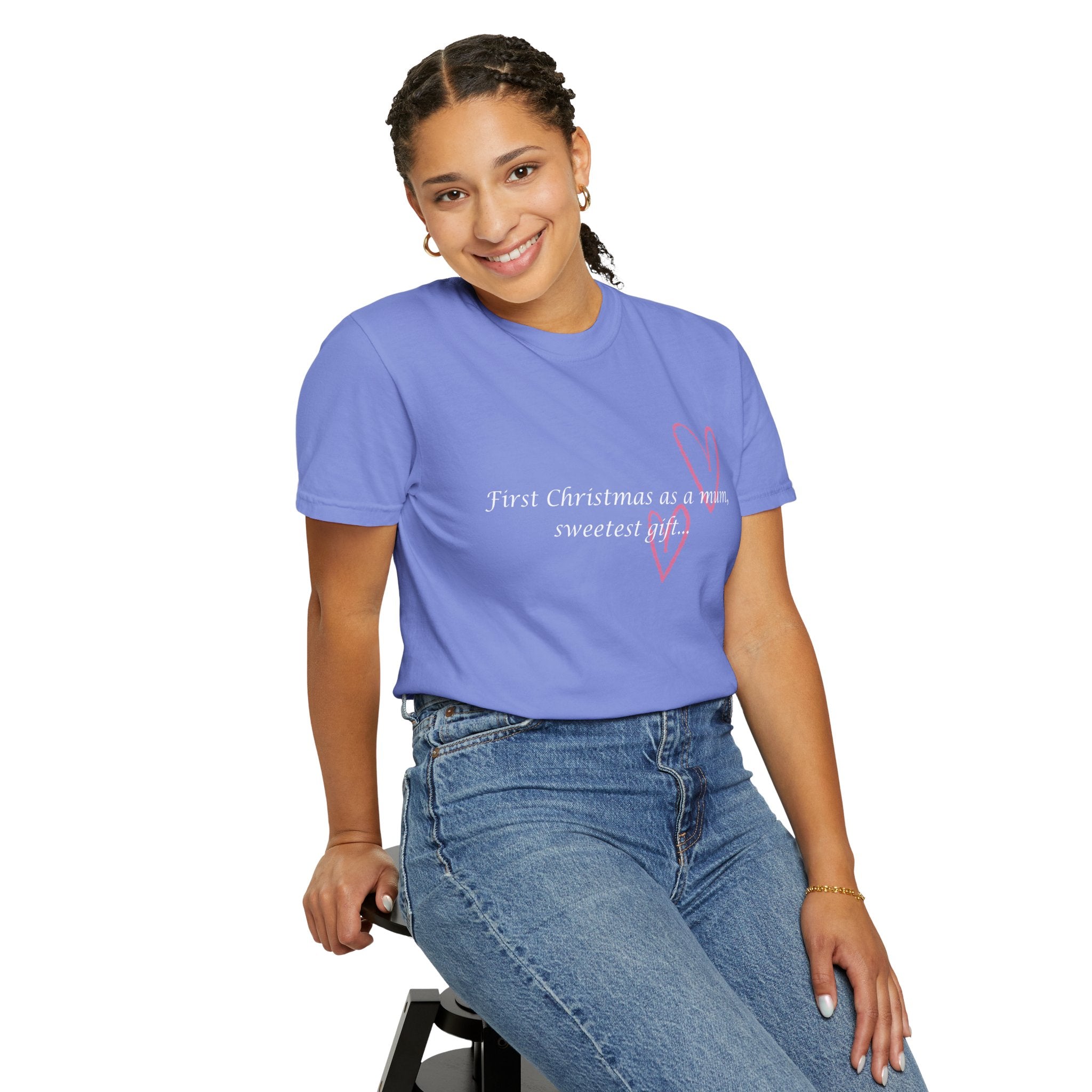 Purple crewneck T-shirt on model with pink heart graphic and 'First Christmas as a mum' text