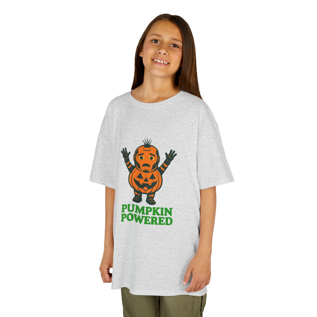 Kids Halloween T-shirt, heather gray, jack-o'-lantern character print and “PUMPKIN POWERED”