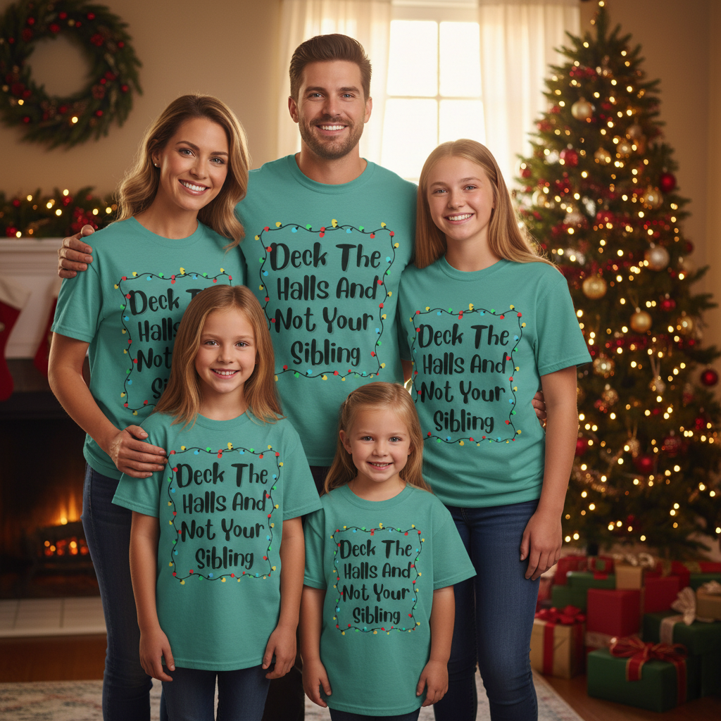 Teal crewneck Christmas T-shirt with holiday lights and sibling joke slogan
