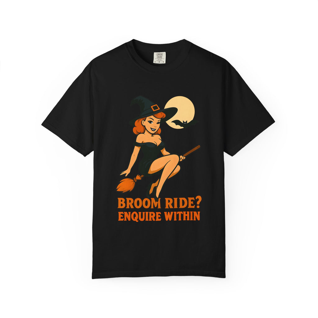 Witch Pinup Tee - "Broom Ride? Enquire Within" Halloween Graphic Shirt