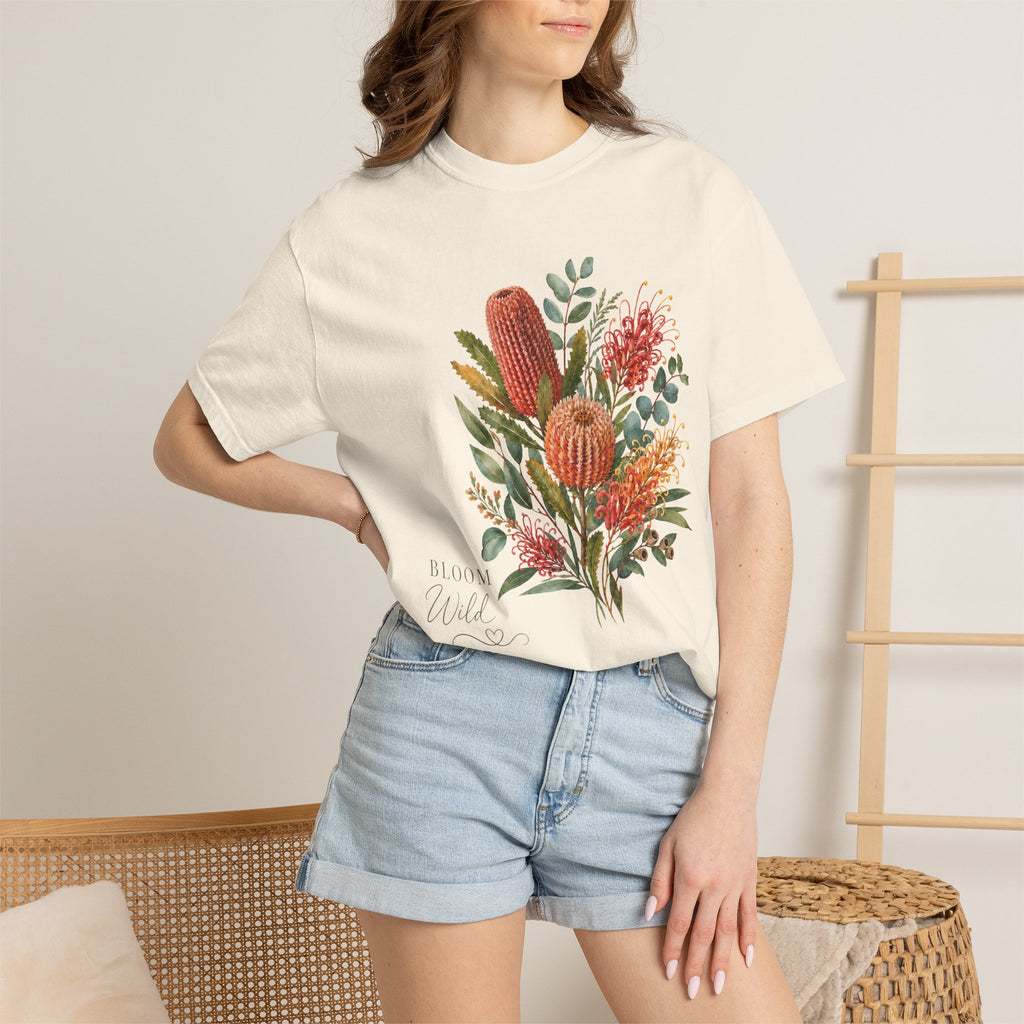 Ivory crew-neck t-shirt with colorful botanical bouquet graphic centered on chest