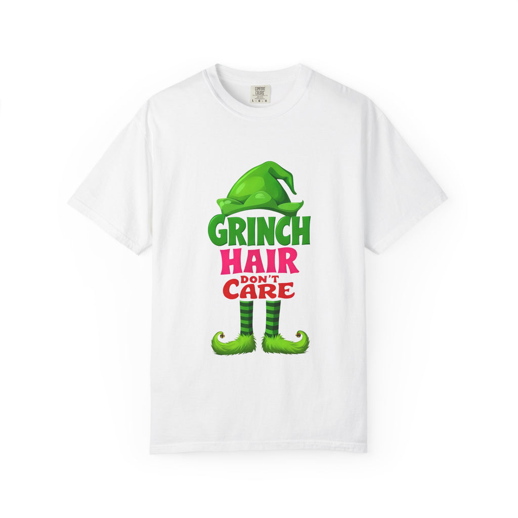 White graphic t-shirt with green character “Hair Don’t Care” print