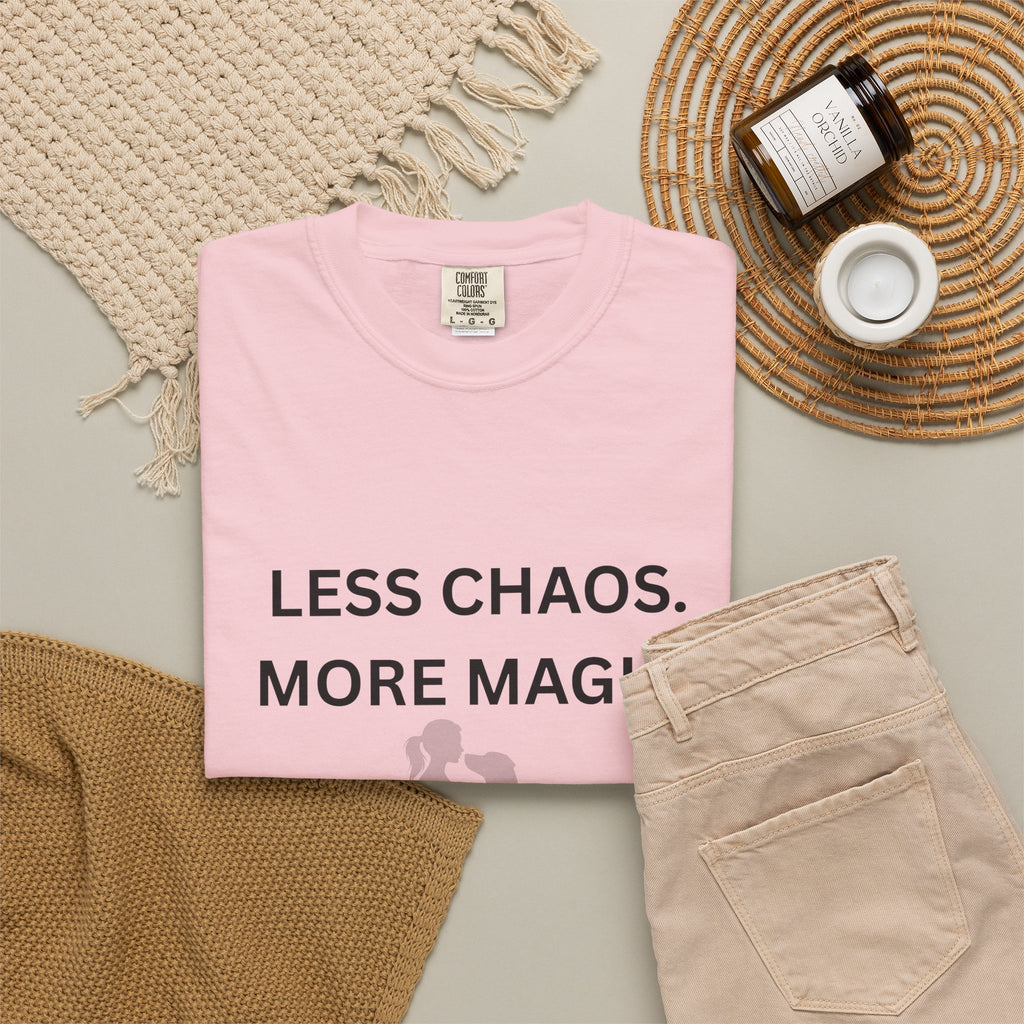 Less Chaos, More Magic T-Shirt — Woman + Dog Silhouette Graphic Tee