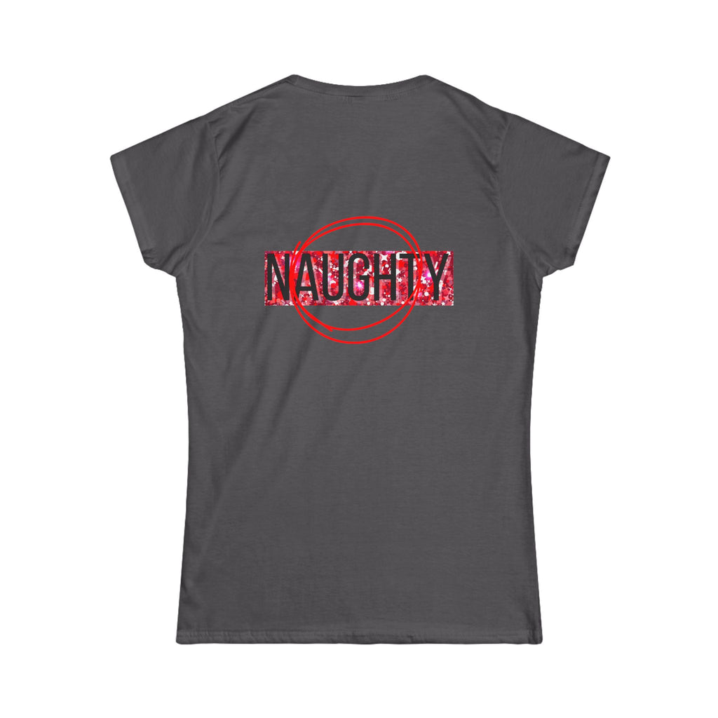 Women's tee, charcoal gray with red 'NAUGHTY' back graphic stamp.