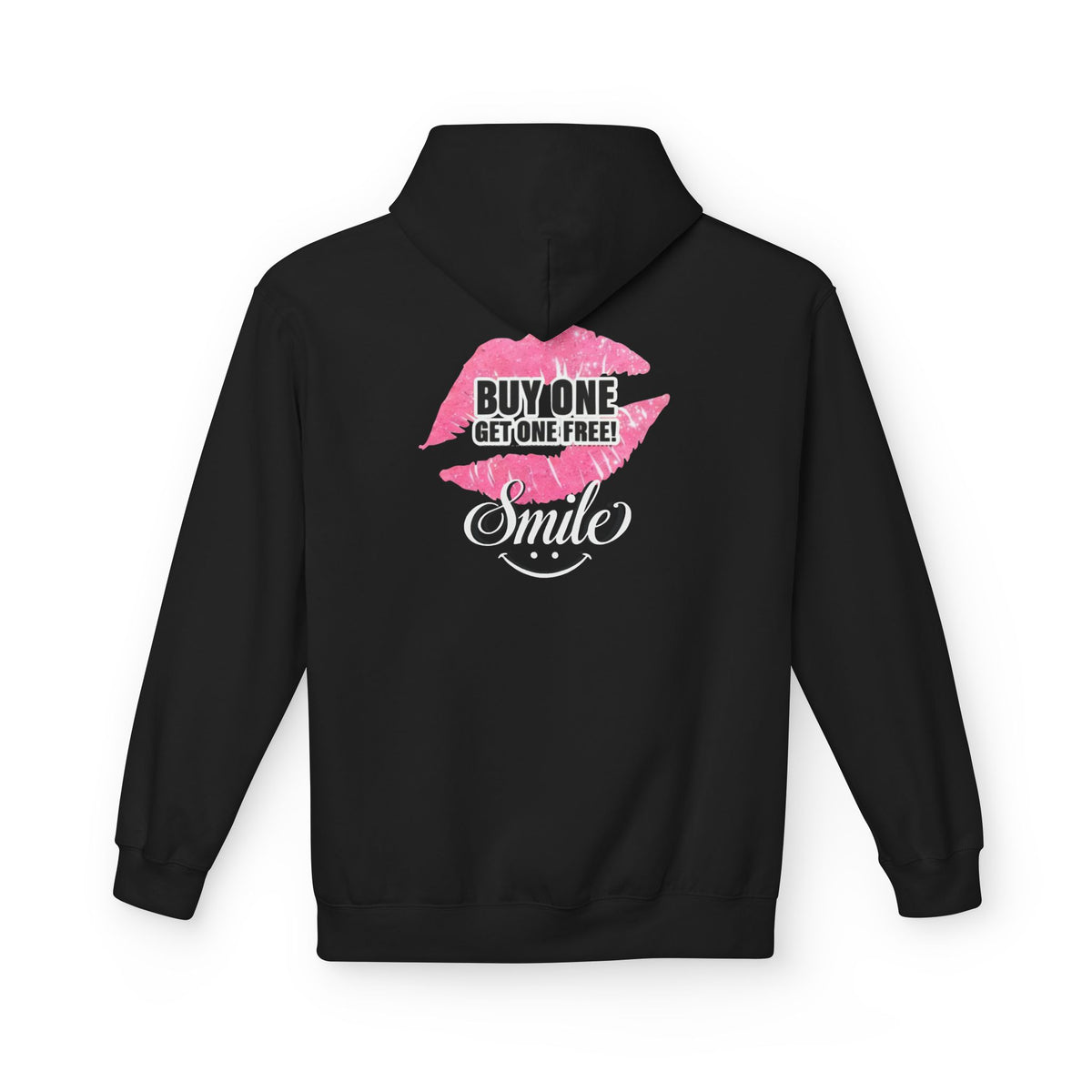 Black hoodie with pink 'Buy One Get One Free' Smile front graphic print
