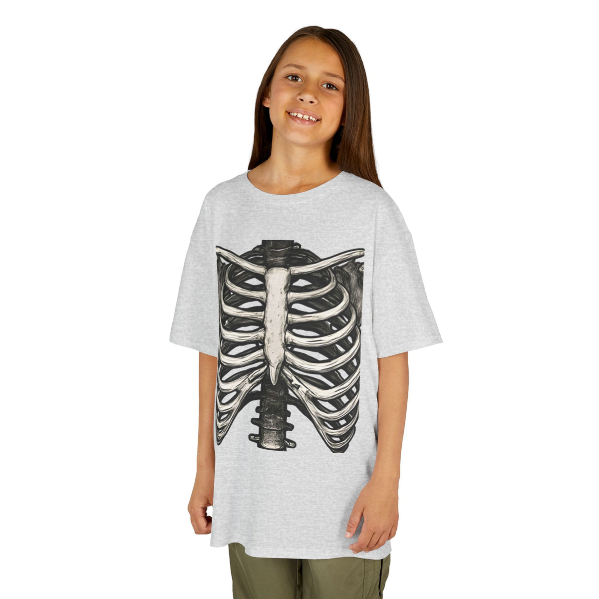 Kids skeleton ribcage graphic t-shirt in ash gray, crew neck and short sleeves