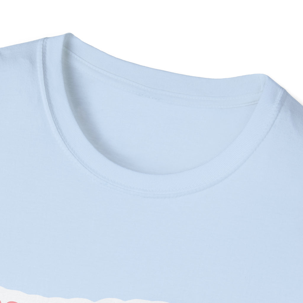 Unisex softstyle t-shirt close-up of light blue crew neck and short sleeves