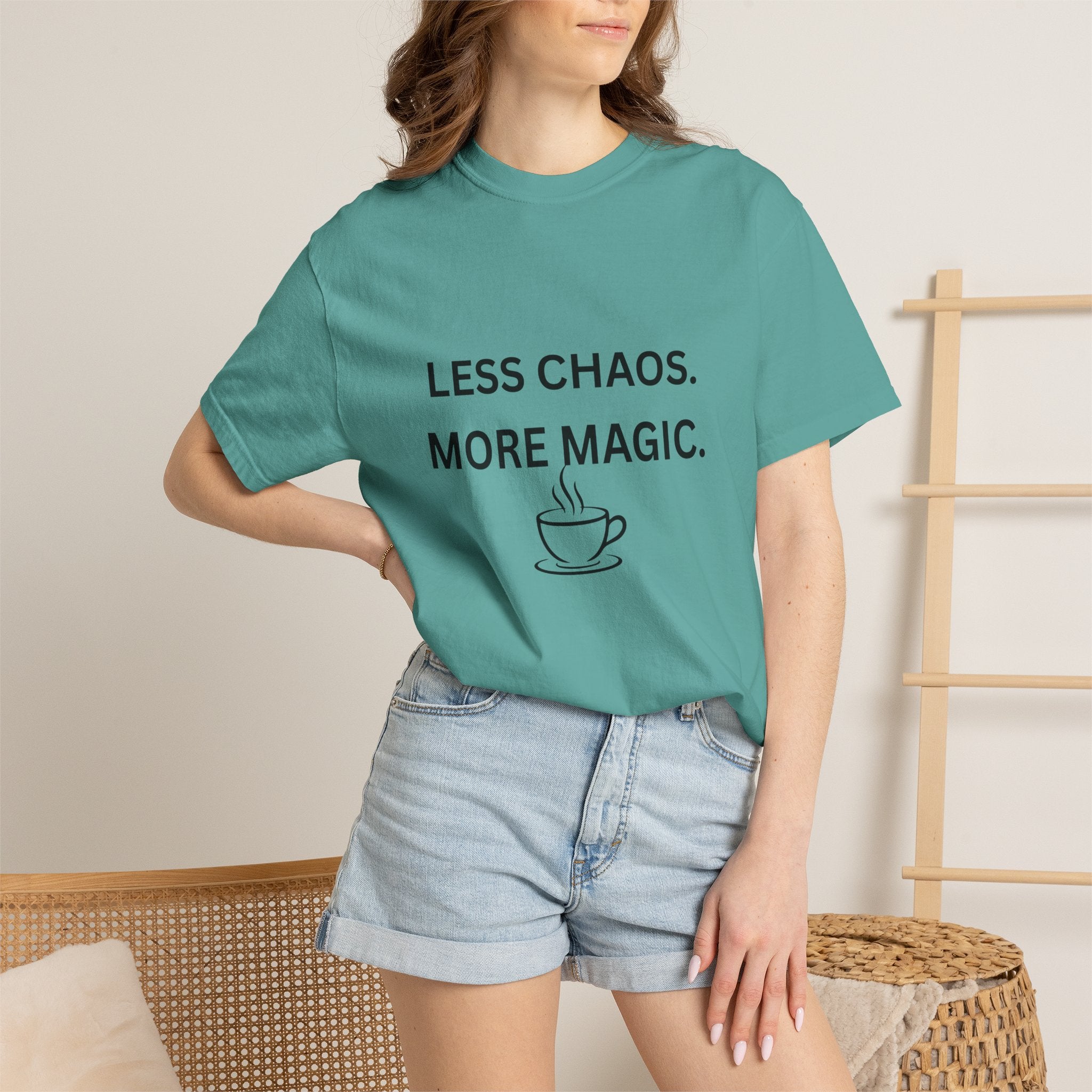 Less Chaos, More Magic T-Shirt — Cozy Coffee Cup Graphic Tee