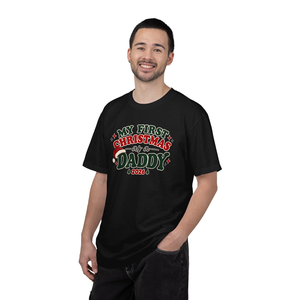 Men's black crewneck T-shirt with 'My First Christmas as a Daddy 2026' print