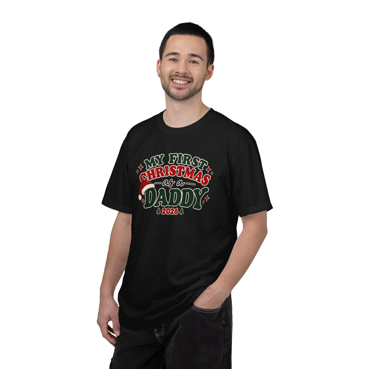 Black crew-neck T-shirt worn by a man with "My First Christmas as a Daddy" graphic