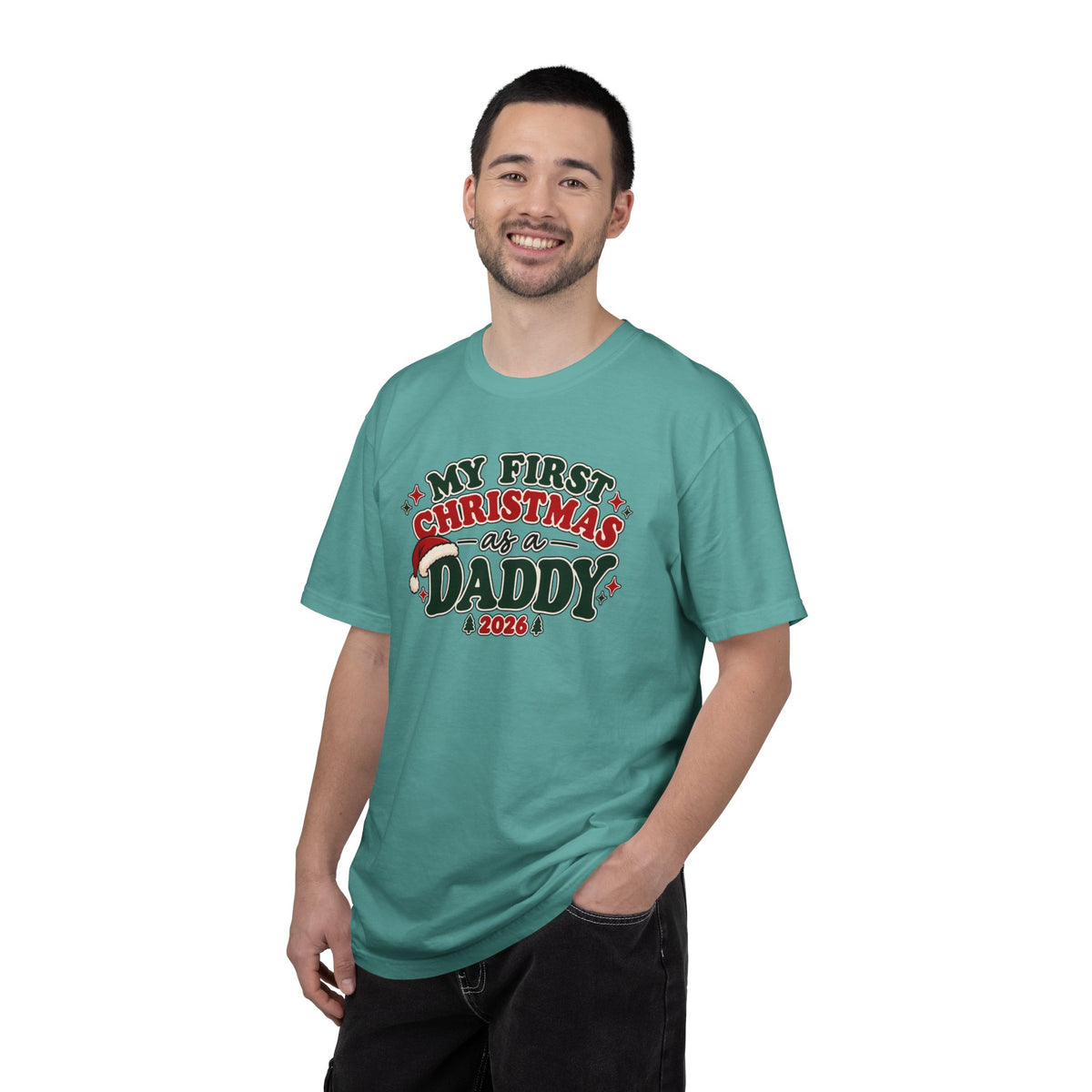 Man wearing teal T-shirt with “My First Christmas as a Daddy 2026” graphic