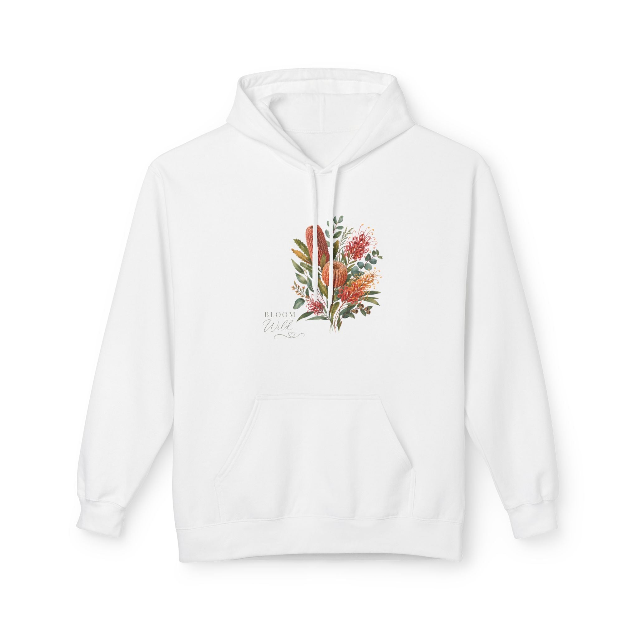White floral bouquet hoodie with watercolor wildflower graphic on the chest