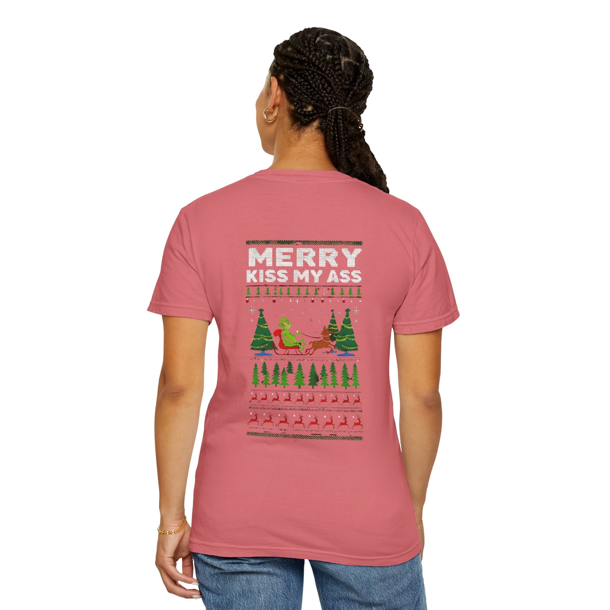 Pink unisex T-shirt, back print 'Merry Kiss My Ass' with colorful holiday sweater pattern.
