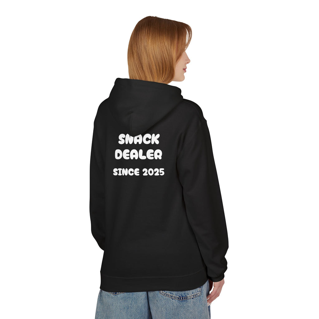 Black hoodie back view with 'SNACK DEALER SINCE 2025' white text print