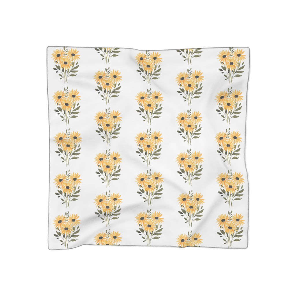 Floral sunflower scarf with orange and yellow blooms on white chiffon