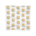 Floral sunflower scarf with orange and yellow blooms on white chiffon