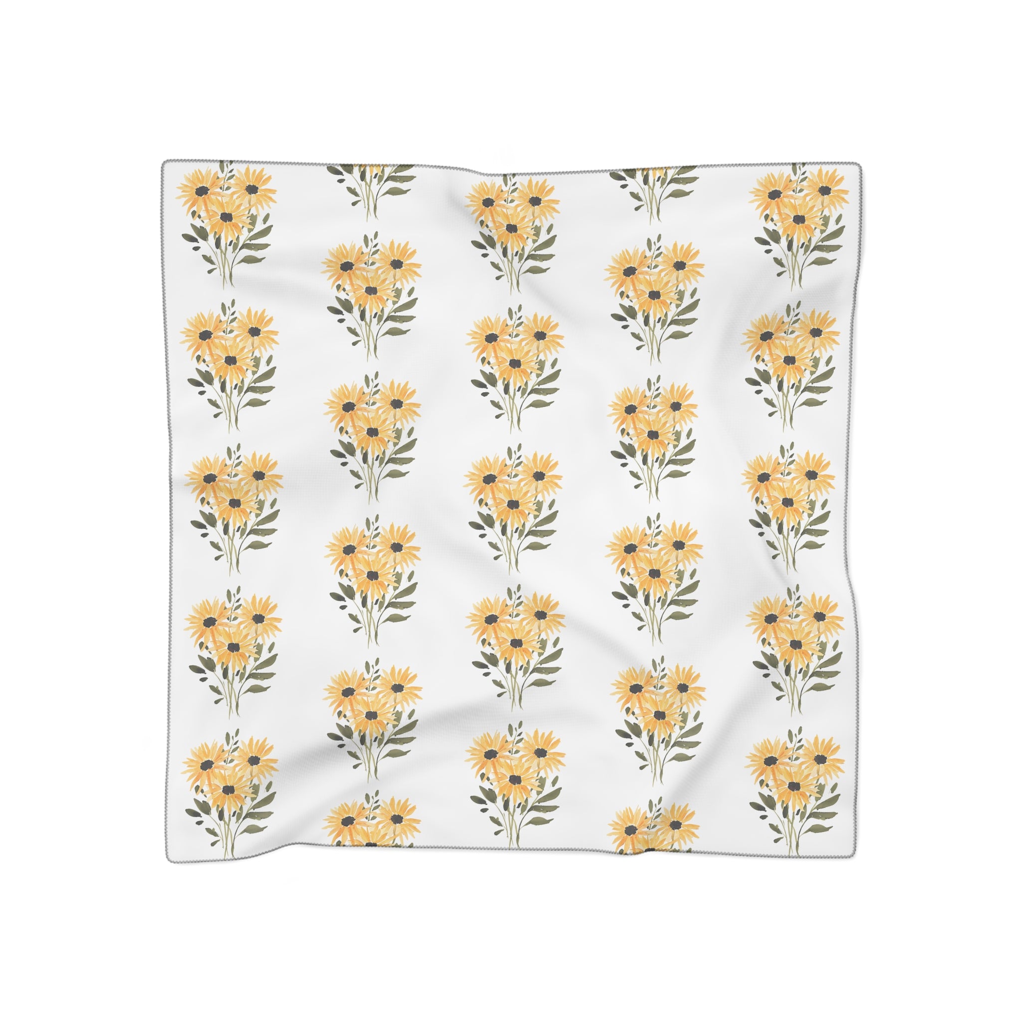 Floral sunflower scarf with orange and yellow blooms on white chiffon