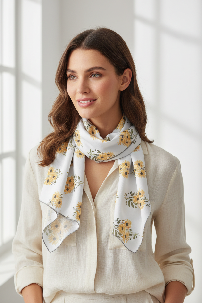 Sunflower bouquet scarf worn by model, white chiffon with orange-yellow blooms
