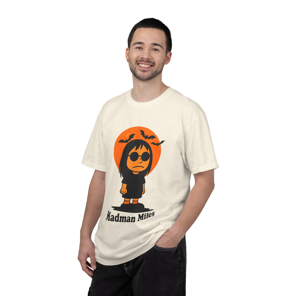 Ivory unisex T-shirt with Halloween character graphic and “Madman Miles” text