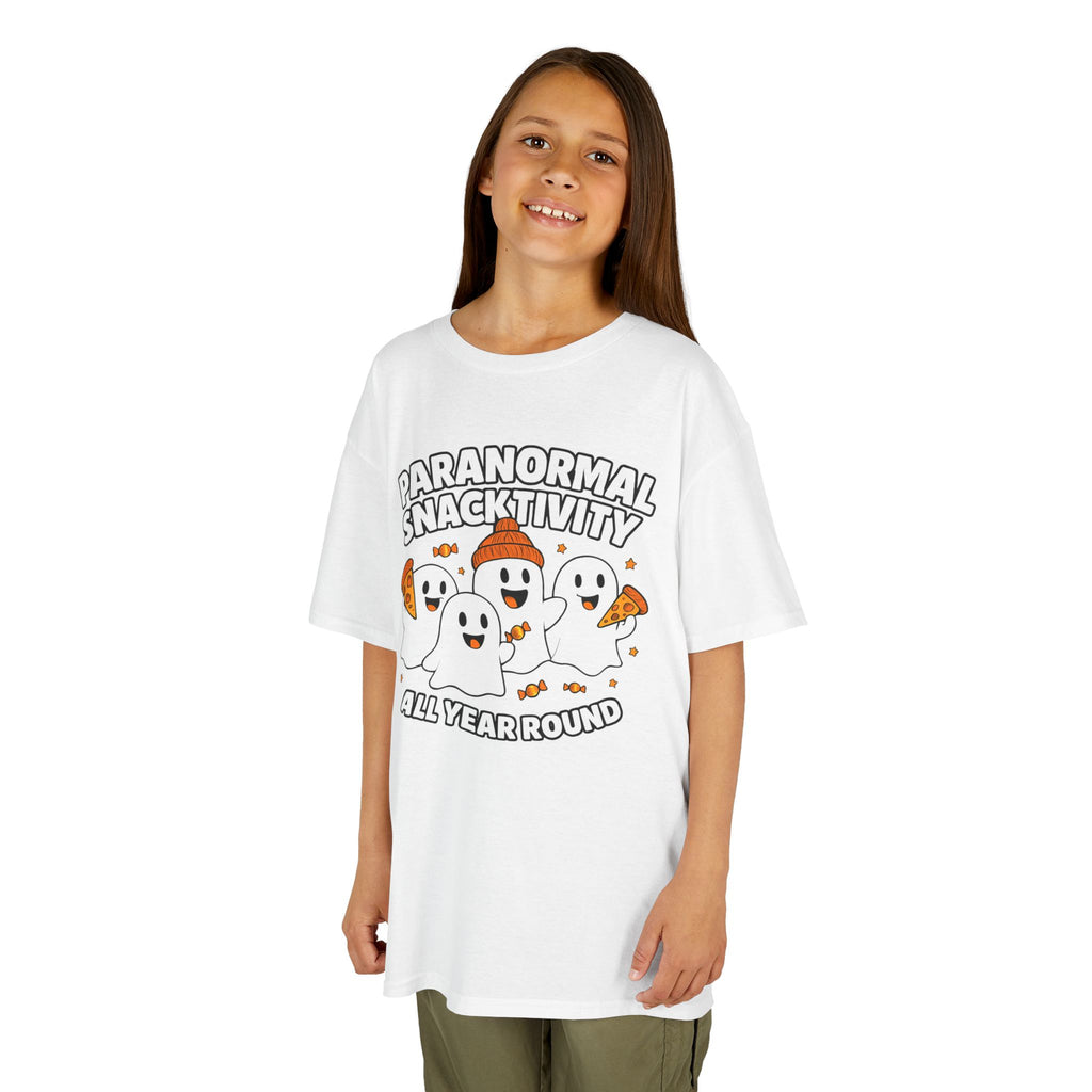 Kids white T-shirt worn by a child, featuring a ghost graphic and “All year round”