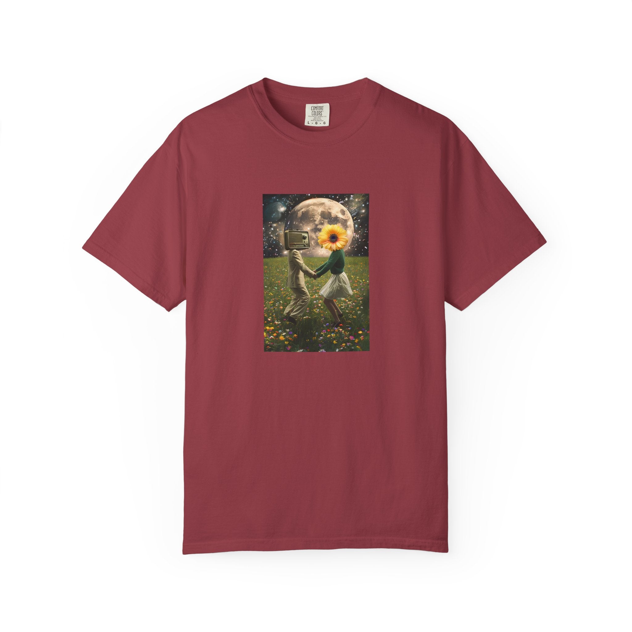 Chili red women's tee with square graphic of moon-lit figure holding a sunflower