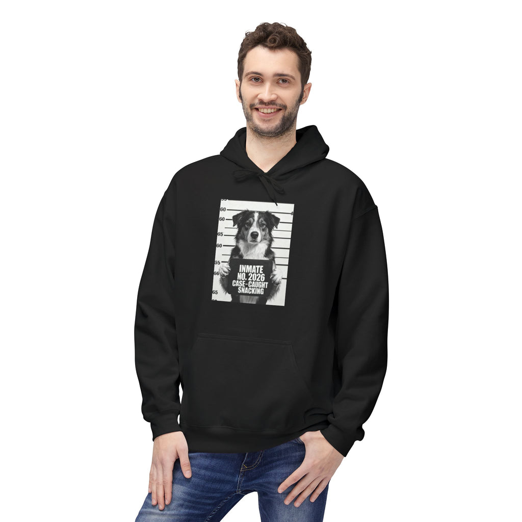 Black pullover hoodie with kangaroo pocket, drawstring hood, and dog graphic front