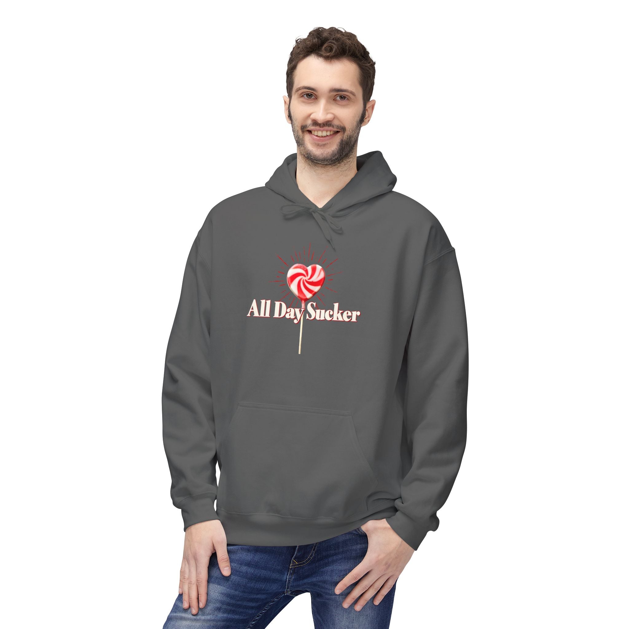 Charcoal unisex hoodie with front pocket and lollipop graphic on chest, hooded