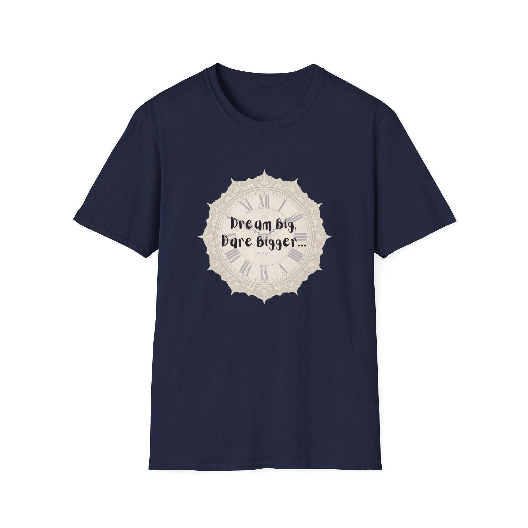 Navy crew-neck T-shirt with front clock graphic and “Dream Big, Dare Bigger…” text