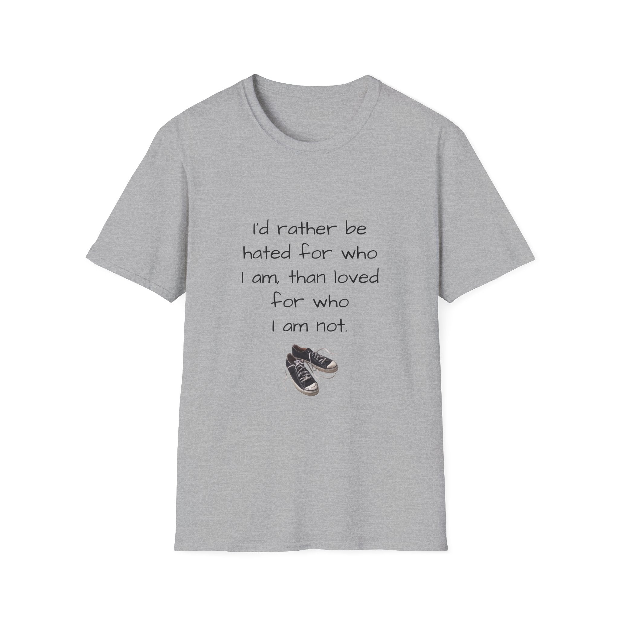 Heather gray unisex T-shirt with dark quote text and sneaker graphic on front