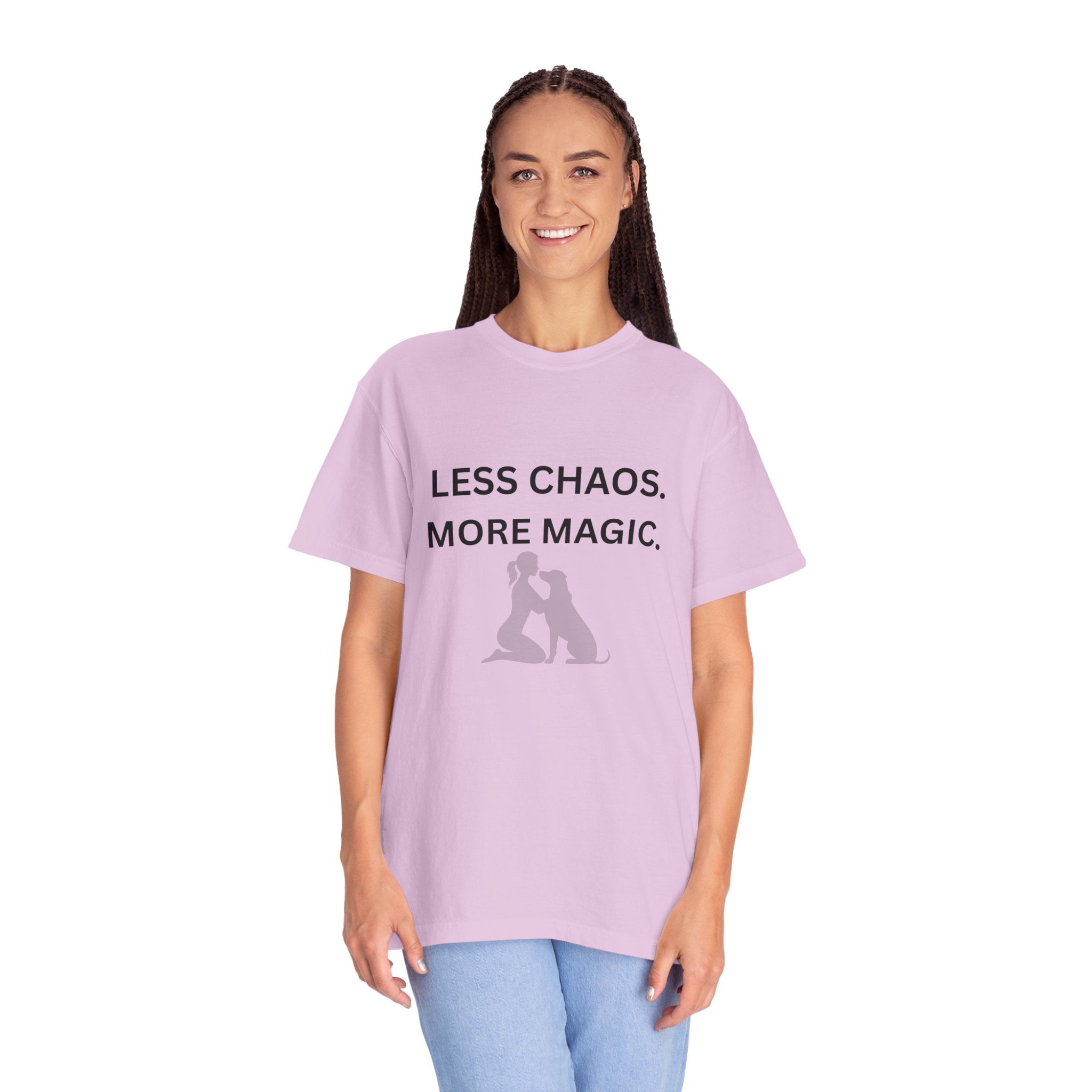 Less Chaos, More Magic T-Shirt — Woman + Dog Silhouette Graphic Tee