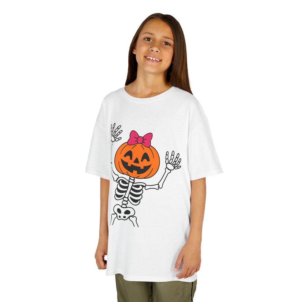 White kids Halloween skeleton pumpkin graphic T-shirt, short sleeves, crew neck